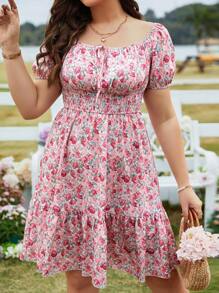 Flirla 大尺碼女士數字印花短袖褶皺花卉洋裝