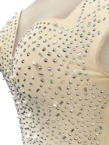 Women's Sexy Stand Collar Nightclub Party Rhinestone Mesh Sheer Dress - Apricot - View 7