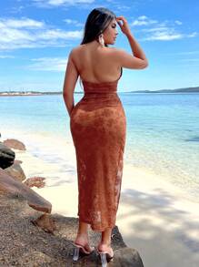 SHEIN SXY Women's Jacquard Cross Halter Crop Top And High-Slit Midi Skirt Set