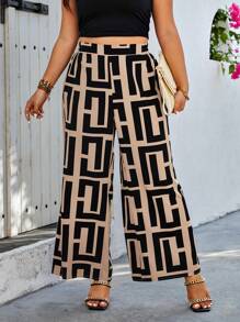 SHEIN Clasi 大尺碼隨機印花寬腿褲 - 杏色 - 查看 1