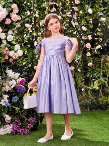 SHEIN Vestido De Malha Com Mangas Curtas E Gola Redonda Para Meninas Com Detalhes Em Malha, Tecido Metálico, Frente Plissada E Enfeite De Laço - Lavanda - Visão 7