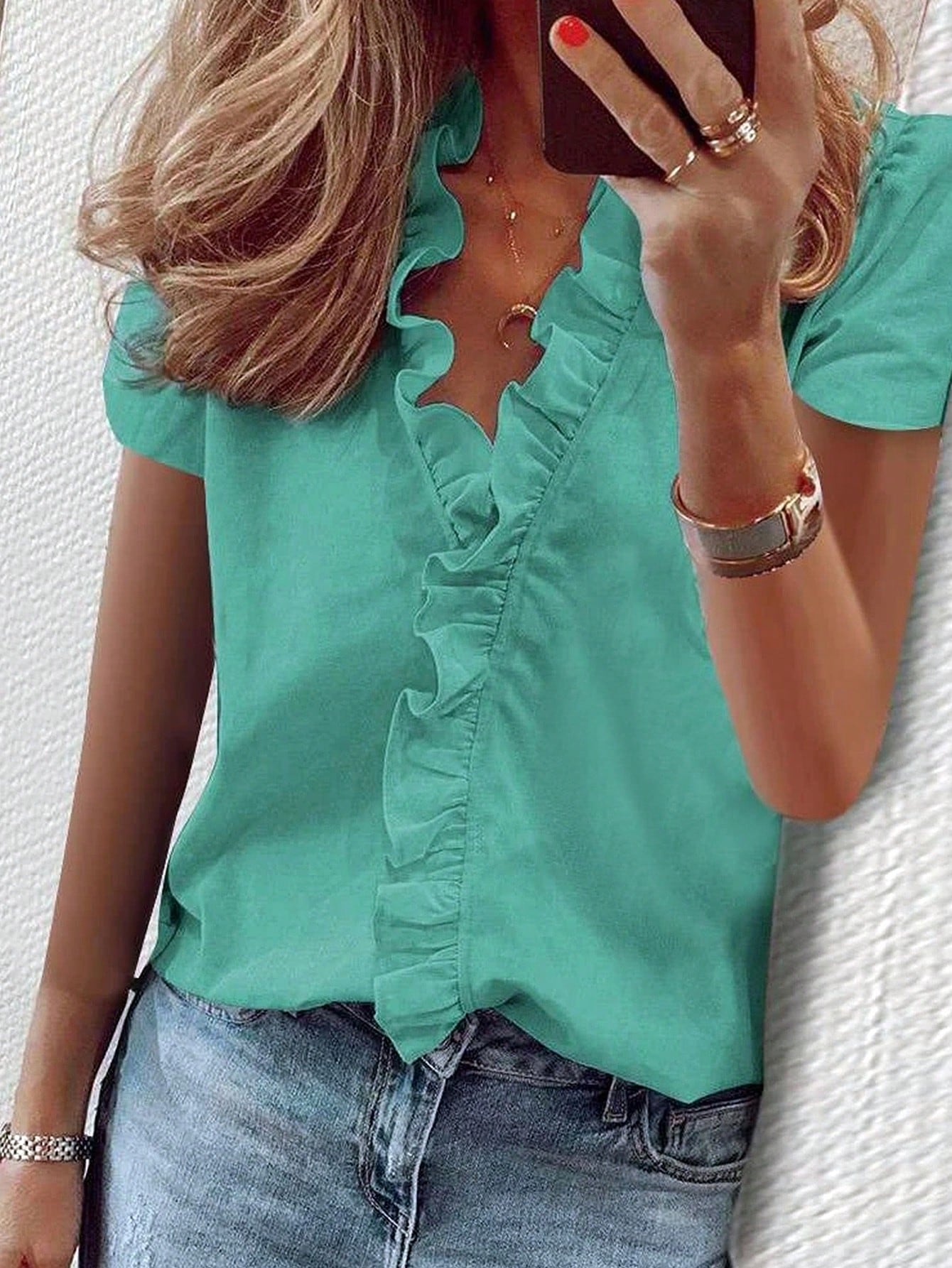 SHEIN LUNE Green Women's Blouse With H Style Ruffle Hem And V-Neckline, Short Sleeve sz2401054578809401