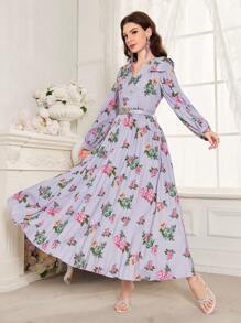Modelyn 女士花卉印花褶邊長袖裙 - 紫色 - 查看 3