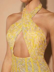 L'Amorae Halter Corset Draped Print Dress