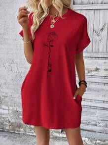 INAWLY Ladies' Rose Flower Printed Batwing Short Sleeve Dress - Red - View 5