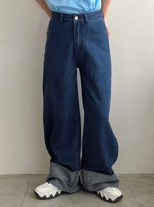 FRIFUL 顏色塊寬腿鬆身牛仔褲,休閒時尚風格 - 深色水洗藍 - 查看 1