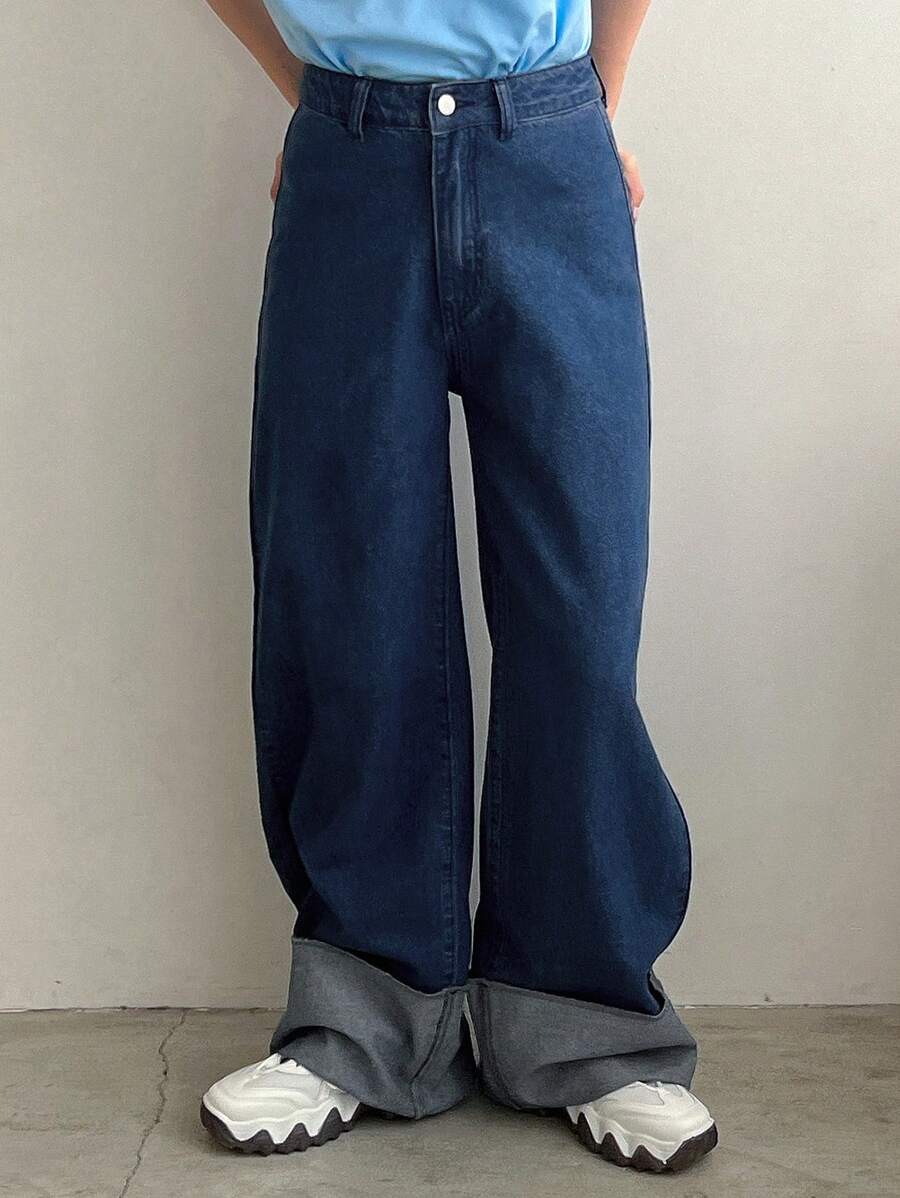 FRIFUL 顏色塊寬腿鬆身牛仔褲,休閒時尚風格 - 深色水洗藍 - 查看 1
