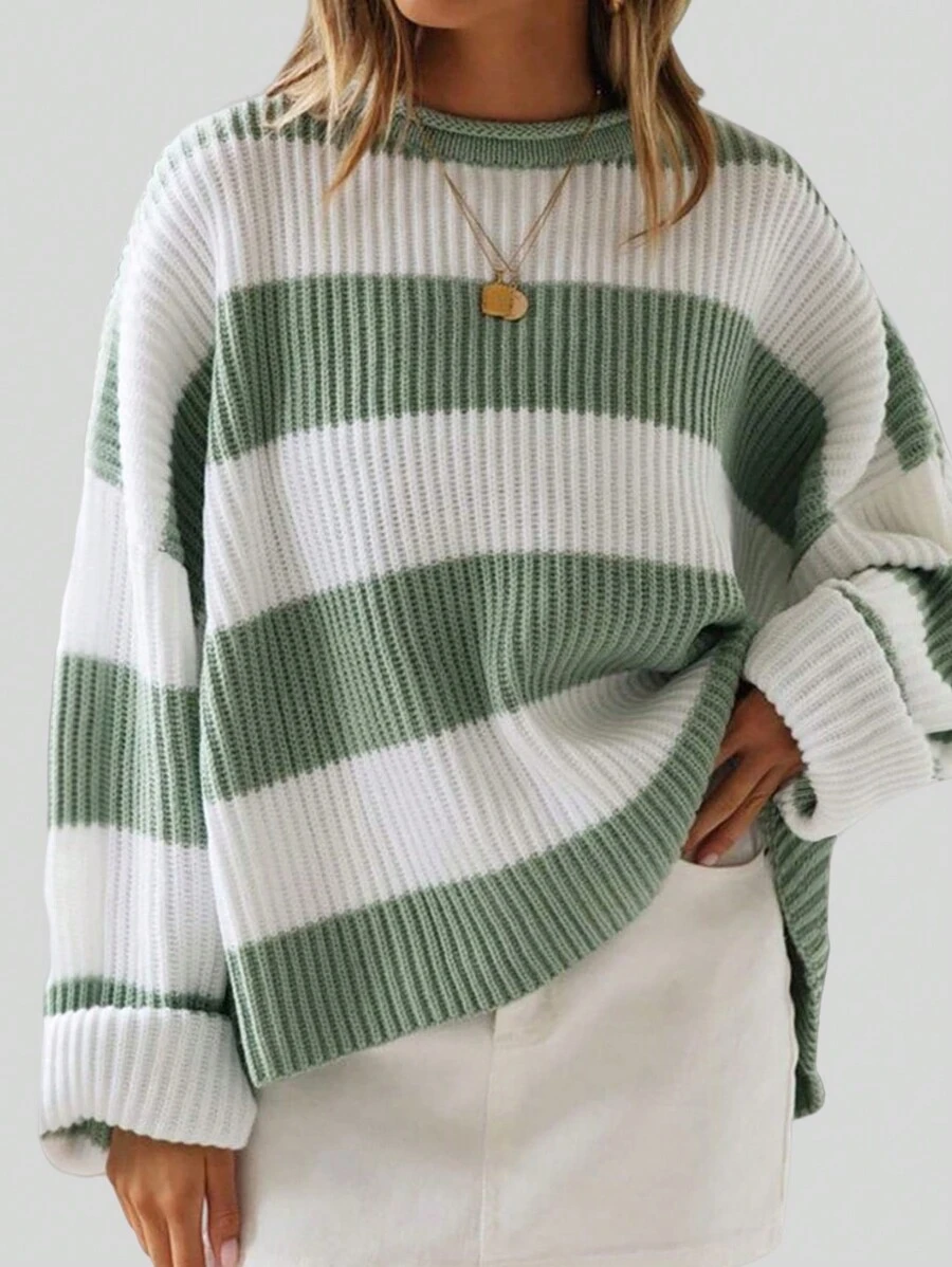 Women's Drop Shoulder Long Sleeve Round Neck Striped Sweater - Green - View 1