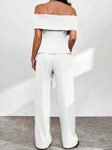 Firerie Women's Foldover Off Shoulder Double-Breasted Top And Long Pants Two Pieces Set