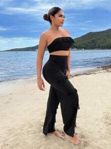 SHEIN SXY Crop Top With Tassels Embellishment And Straight Pants - Black - View 4