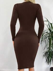 RueChic Women's Round Neck Long Sleeve Ribbed Sweater Dress - Brown - View 2