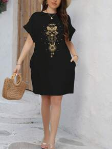INAWLY Plus Size Butterfly Printed Batwing Sleeve Dress, For Summer - Black - View 5