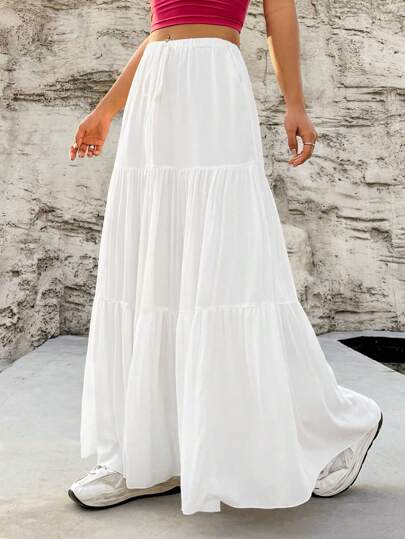 SHEIN EZwear 女士纯色宽松半身裙，女士休闲打结，荷叶边下摆中长款宽松自然白色粘胶素色女士半身裙，春/秋，休闲日常穿着