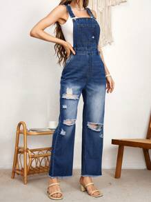 Breezaya Ripped Raw Hem Denim Overalls - Light Wash - View 3