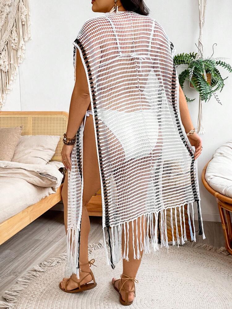 Women's Plus Size Color-Block Fringed Hem Open Cardigan