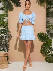 L'Amorae Top corto con mangas abullonadas, plisado y cordón frontal - Celeste - Ver 5