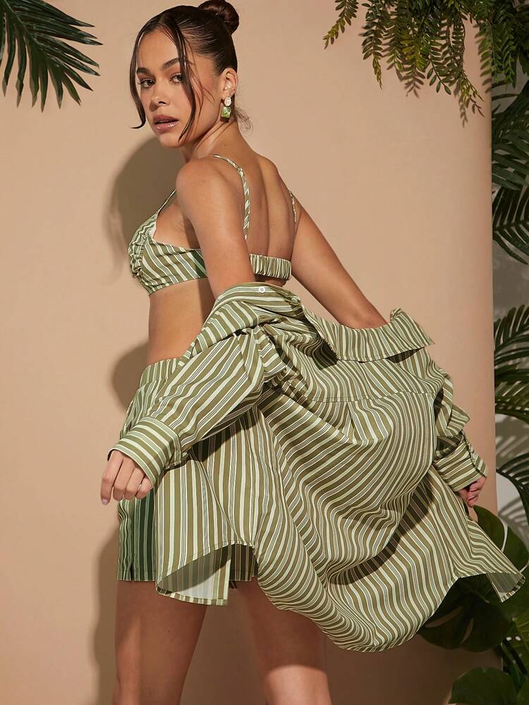 Stripe Crop Top & Shorts & Shirt Two Pieces Set