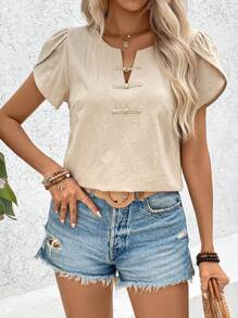 Calvaya Women's Petal Short Sleeve Button-Up Shirt - Apricot - View 6