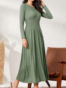 Seusyu Women's Round Neck Long Sleeve Dress - Olive Green - View 5