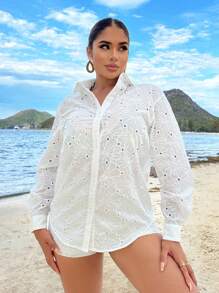 SHEIN SXY 夏季假期海灘白色上衣,鑽孔空心設計 - 白色 - 查看 5