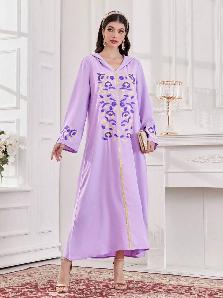 Women's Floral Embroidered Hooded Abaya Dress With Bell Sleeves