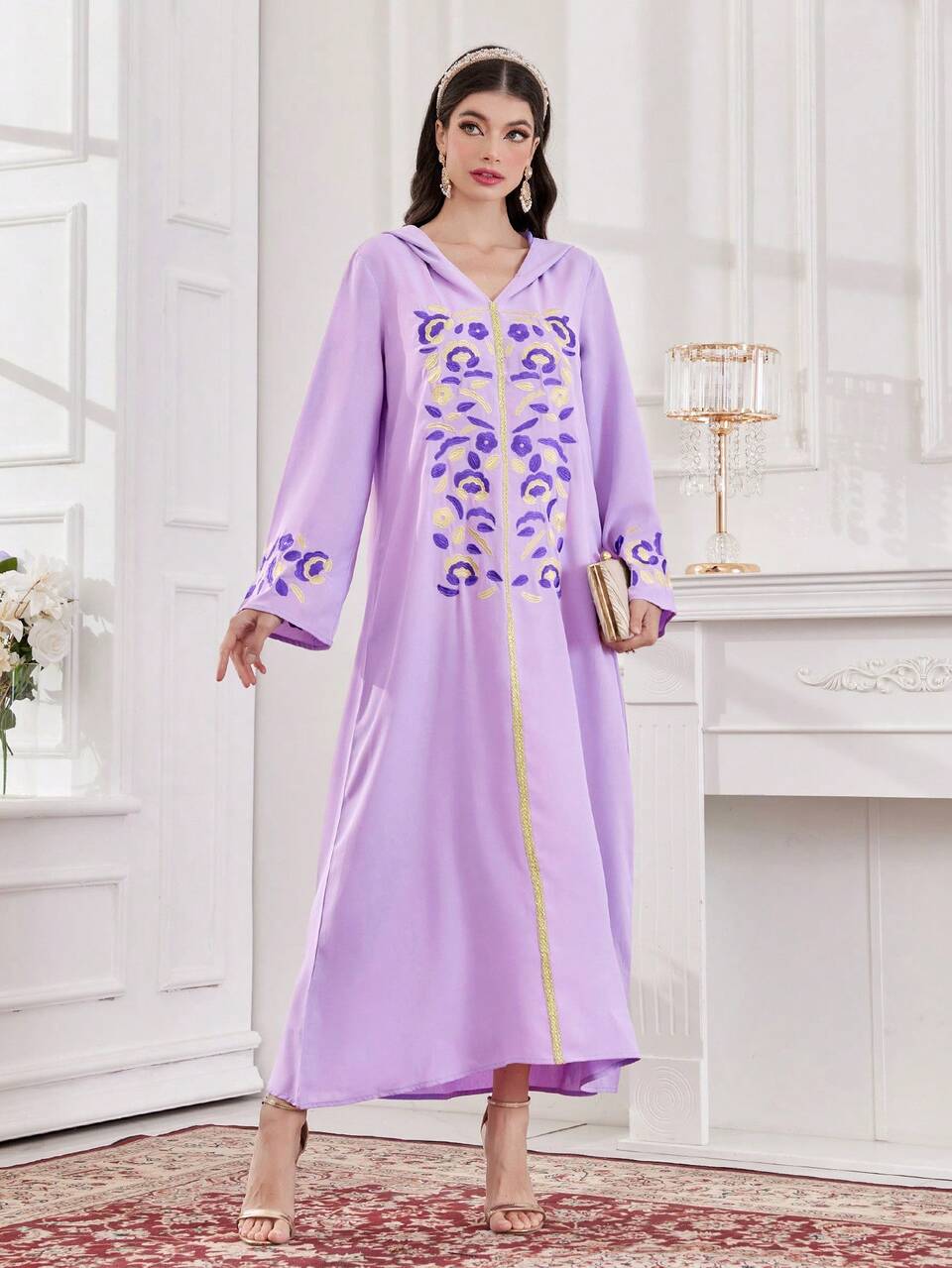 Women's Floral Embroidered Hooded Abaya Dress With Bell Sleeves