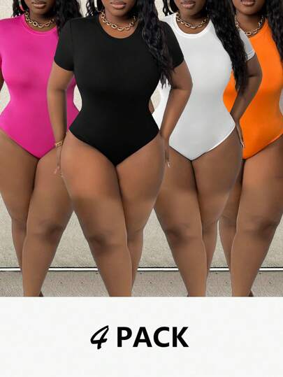 Slaydiva Plus Size Casual Basic Round Neck Short Sleeve Bodysuit Set