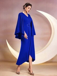 Modelyn Women's Solid Color Cape Wrap Dress Long Evening Dresses - Blue - View 5