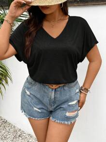 SHEIN Frenchy Plus Size V-Neck Batwing Sleeve T-Shirt