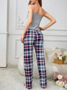 格紋與字母印花女裝睡衣套裝 - 灰色 - 查看 2