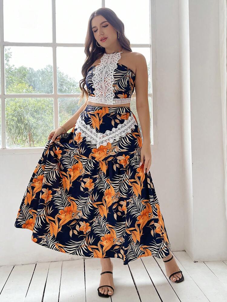 Plus Size Women's Plant Print Lace Splice Halter Top And Skirt Set