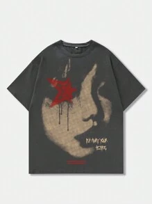 ROMWE MEN Grunge Punk Men's Portrait Printed Short Sleeve T-Shirt, Suitable For Daily Wear In Spring And Summer, School