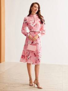 MOTF PREMIUM 絲光植物印花鑰孔領氣球袖連身裙 - 彩色 - 查看 8