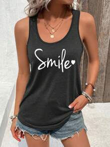 INAWLY Letter Print Round Neck Casual Tank Top - Dark Grey - View 6