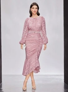 Modelyn Women's Lantern Sleeve Ruffled Hem Mermaid Bodycon Dress Long Evening Dresses