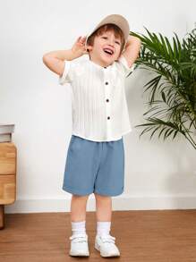 SHEIN Conjunto De Camisa Y Pantalón Corto De Manga Enrollada Cómodo, Transpirable Y De Color Sólido Estilo Casual Universitario Para Jóvenes - Azul - Ver 4