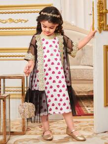 SHEIN Leap Crew 少女2入組鬆身可愛圓領長裙和有刺繡及撬花的網紗外套 - 彩色 - 查看 4