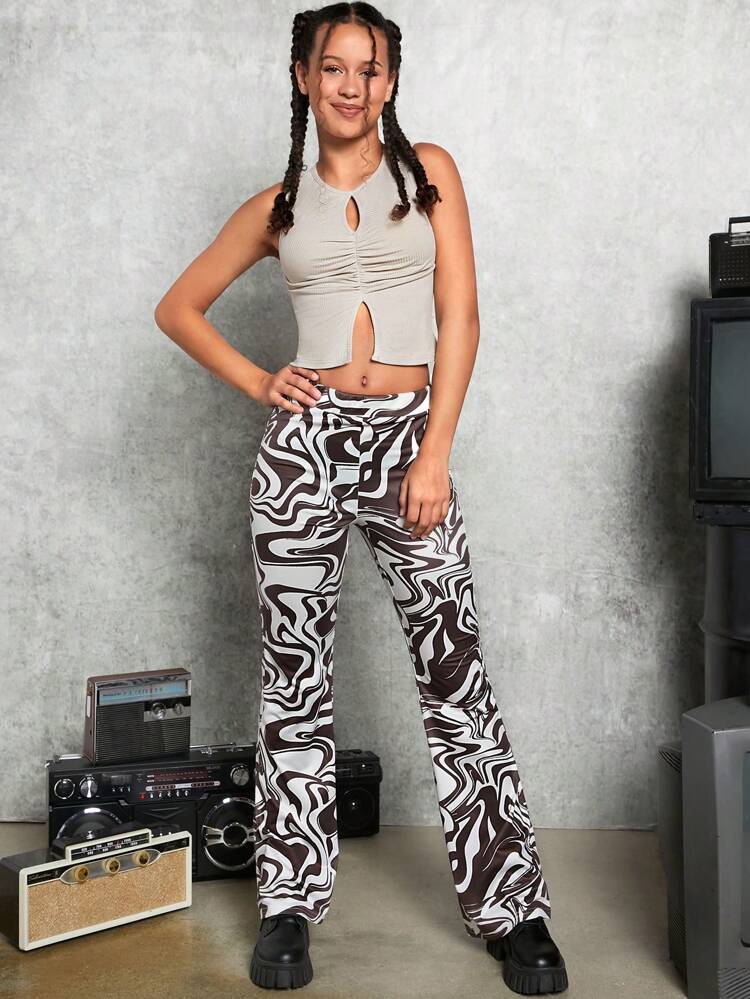 Teen Girl Knitted Ribbed Hollow Out Cropped Tank Top & Bell Bottoms Set With Wavy Print, Casual Outfits