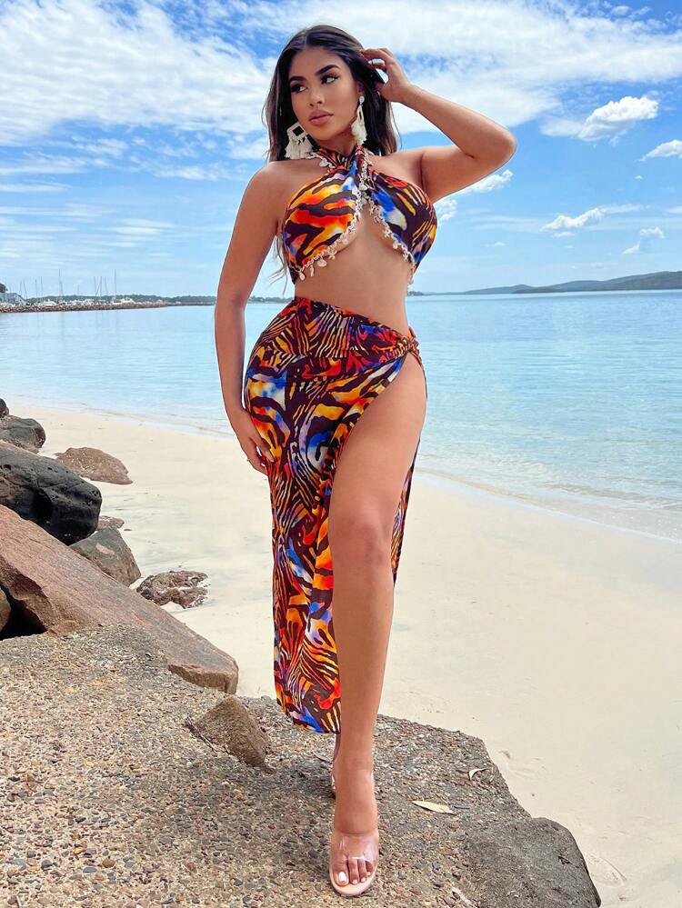 Summer Vacation Beach Two-Piece Set  Leopard Print Animal Print Fringed Shell  High Slit