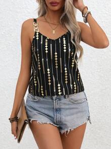 SHEIN LUNE 几何图案金属扣带背心图案 T 恤女式上衣 - 黑色 - 查看 2