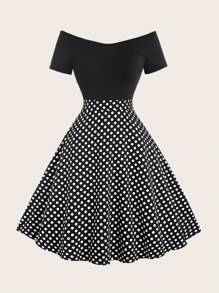 Sweetra Women's Polka Dots Patchwork Short Sleeve Shoulder Padded Dress - Black - View 3