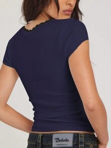 女式 Y2K 风格短袖罗纹蕾丝边 T 恤休闲上衣 春夏季 - 藏蓝色 - 查看 2