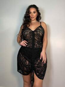 SHEIN Swim Curve Plus Size Drawstring Lace Cami Cover-Up Dress, Beach Outfit Music Festival Vacay Vibe Summer - Black - View 5