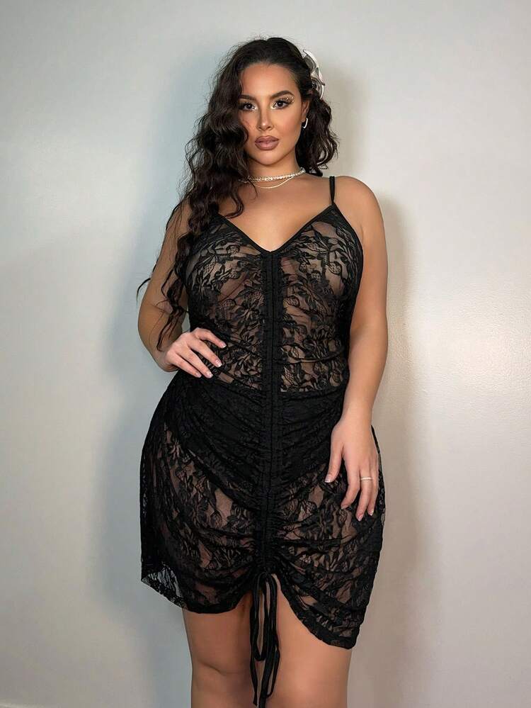 Plus Size Drawstring Lace Cami Cover-Up Dress, Beach Outfit Music Festival Vacay Vibe Summer