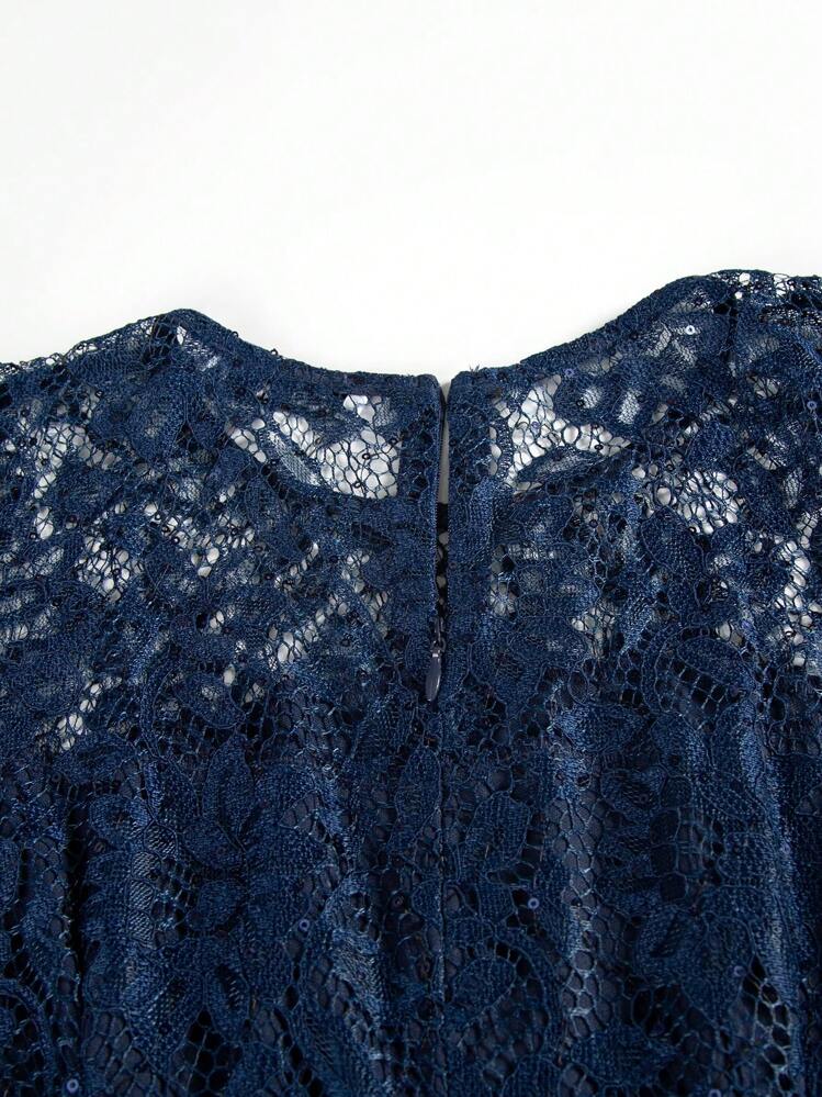 Damesfeestjurk, ronde hals, korte mouwen, taille met ruches, kant en patchwork, effen kleur, bruidsmeisjesjurk, kanten decoratie, bruidsmeisjesjurk, trouwjurk, cocktailparty, formele dansbal, verlovingsjurk met pailletten, voor Valentijnsdag - Donker blauw - Bekijken 3