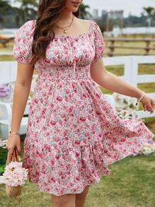 Flirla 大尺碼女士數字印花短袖褶皺花卉洋裝