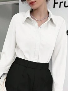 Mulvari Solid Color Button-Front Long Sleeve Shirt,Long Sleeve Tops Fall Cloth For Women - White - View 3