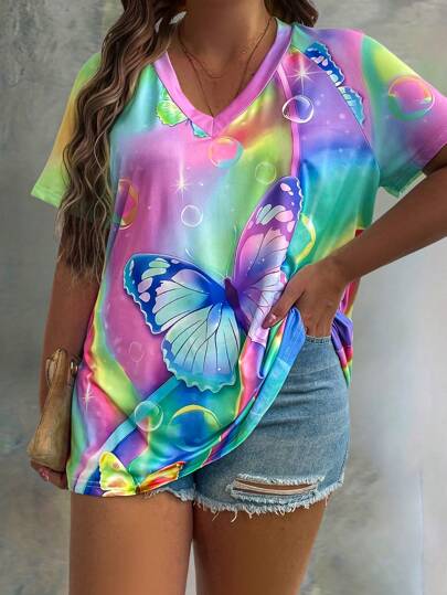 Plus Size Butterfly Printed V-Neck Short Sleeve T-Shirt Women Graphic Tee Top For Summer