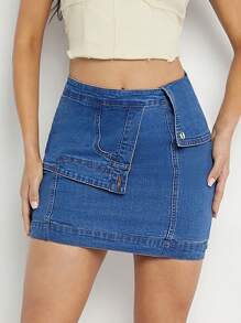 Denimoi Asymmetric Overlay Mini Bodycon Denim Skirt - Medium Wash - View 1