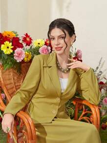 Modelyn Conjunto De Traje De Solapa Con Cuello De Solapa unicolor De Un Solo Pecho - Amarillo - Ver 5